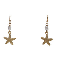 Gold Starfish Drop Earrings, 1 Inch Dangle, Beach Theme Jewelry with Pearl Accent