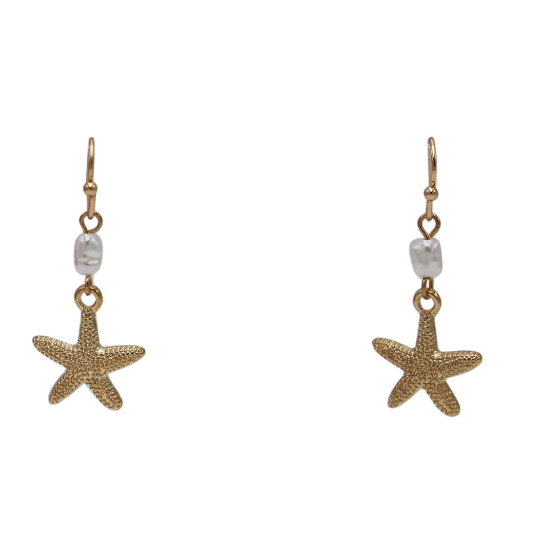 Gold Starfish Drop Earrings, 1 Inch Dangle, Beach Theme Jewelry with Pearl Accent