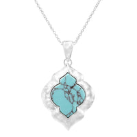 Women's Chic Western Style Hammered Silver Tone Quatrefoil With Natural Turquoise Howlite Stone (Pendant Necklace, 18"+ 3" Extender)