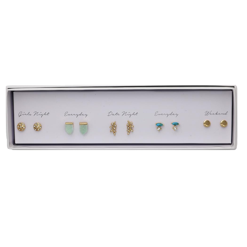 Gold Plated Stud Earrings Set, 5 Pairs, Whimsical Daily Designs for Girls Night, Date Night, Weekend, Everyday Wear (Trendy 5 pairs)