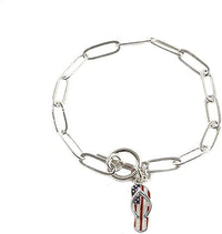 Rosemarie & Jubalee Women's Sleek Polished Silver Tone Red White And Blue USA Flag Patriotic July 4th Flip Flop Charm Toggle Clasp Paper Clip Bracelet, 7.5"