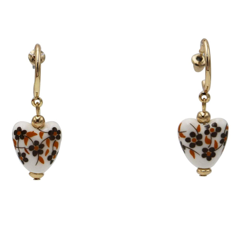 Floral Heart Dangle Earrings, Gold Tone Hoops with White Ceramic Hearts, Brown and Orange Flower Pattern 1.5 inch