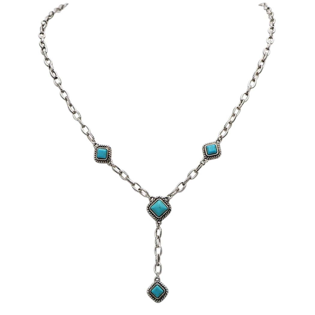 Western Layering Necklace Set, Burnished Silver with Turquoise Howlite, 3-Piece Y-Drop, Pendant Necklace and Navajo Pearl, Adjustable 16-24 Inch