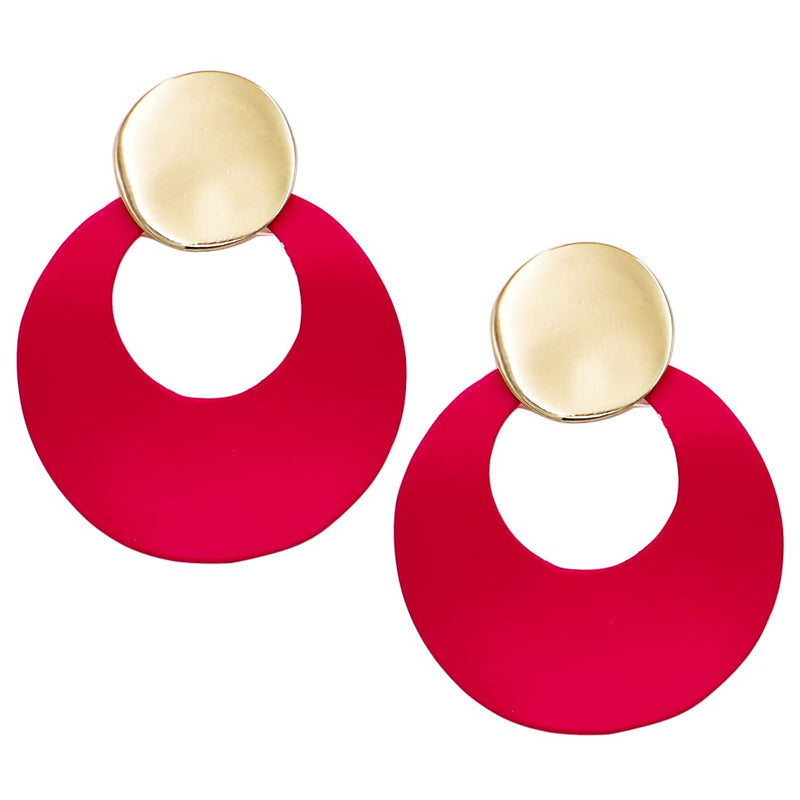 Women's Gold Tone Statement Red Enamel Coated Metal Wavy Forward Facing Hoop Clip On Style Earrings, 2"