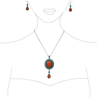 Women’s Cowgirl Chic Western Style Statement Simulated Banded Carnelian Turquoise Howlite Stone Concho Pendant Necklace Earrings Set, 18"+3" Extender