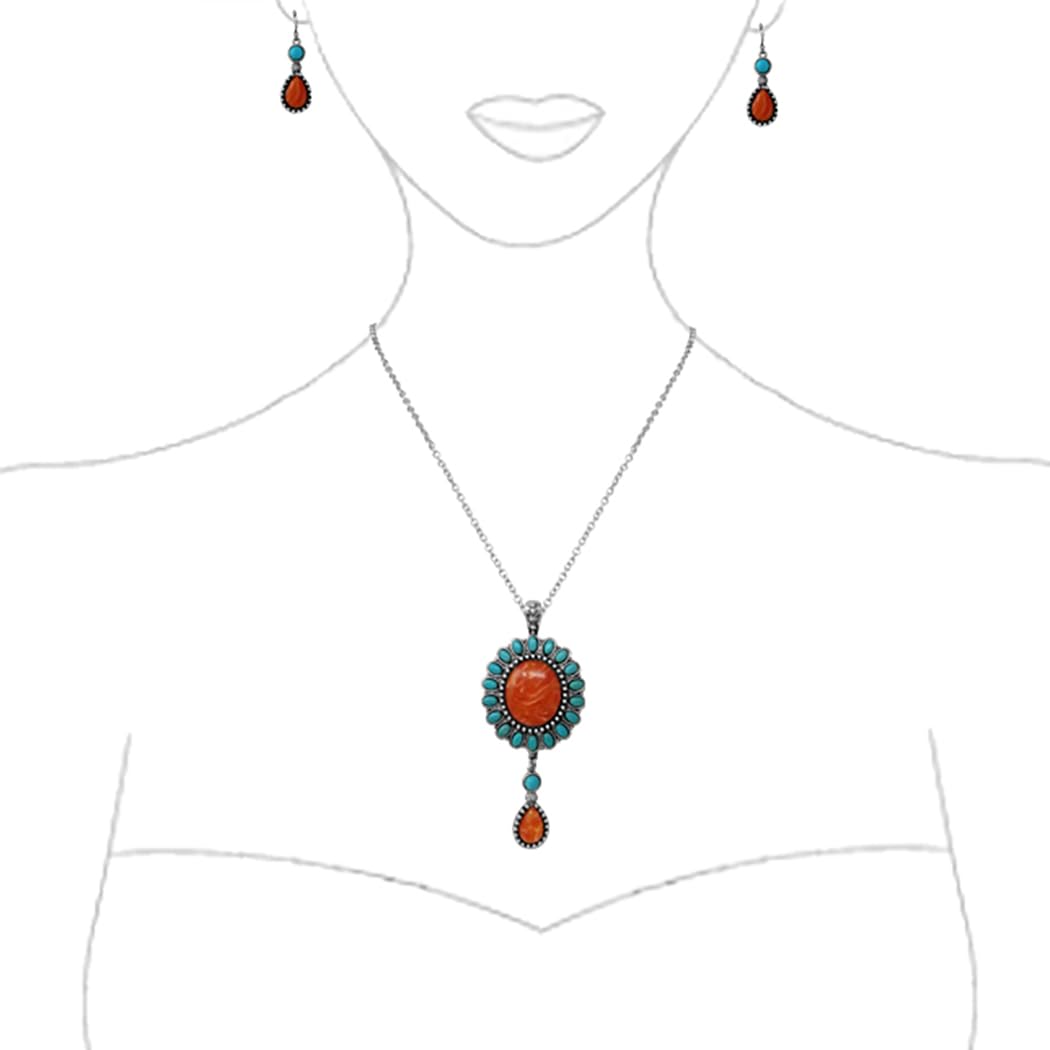 Women’s Cowgirl Chic Western Style Statement Simulated Banded Carnelian Turquoise Howlite Stone Concho Pendant Necklace Earrings Set, 18"+3" Extender