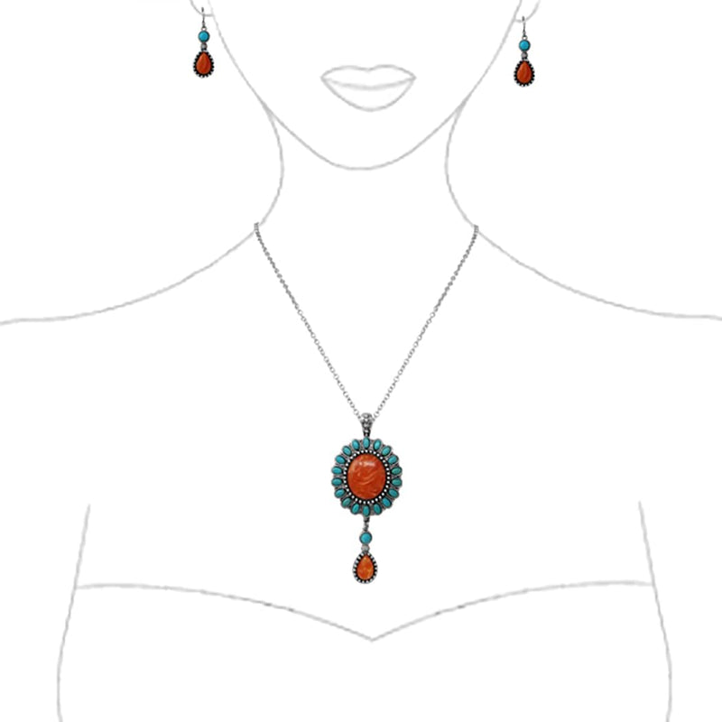Women’s Cowgirl Chic Western Style Statement Simulated Banded Carnelian Turquoise Howlite Stone Concho Pendant Necklace Earrings Set, 18"+3" Extender