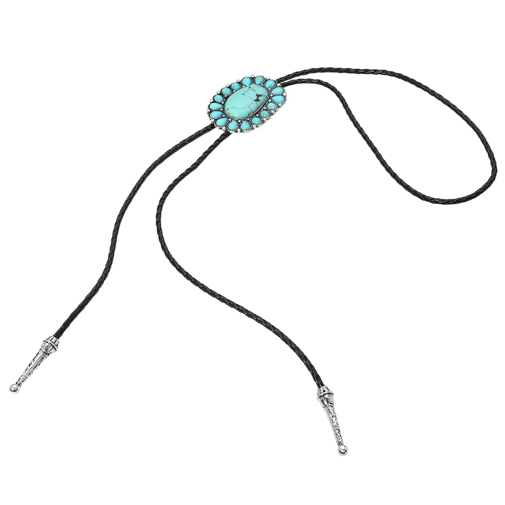 Vintage Western Bolo Tie, Turquoise Howlite Stone Pendant with Silver Tone Accents, Black Braided Faux Leather, 22 Inch