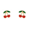 Cherry Stud Earrings, Gold Tone, Red and Green Enamel, 0.5 Inch