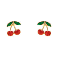 Cherry Stud Earrings, Gold Tone, Red and Green Enamel, 0.5 Inch