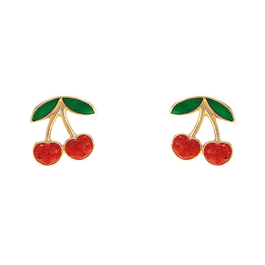 Cherry Stud Earrings, Gold Tone, Red and Green Enamel, 0.5 Inch