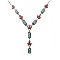 Western Y-Drop Necklace, Turquoise Howlite and Coral Red Stones, 18"+3" Extender, Silver