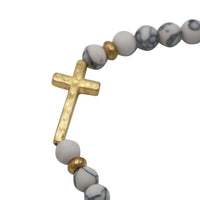 Matte White Marble Howlite Beaded Stretch Bracelet with Gold Tone Sideways Cross, Size 7 (For Small Wrists)