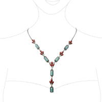 Western Y-Drop Necklace, Turquoise Howlite and Coral Red Stones, 18"+3" Extender, Silver
