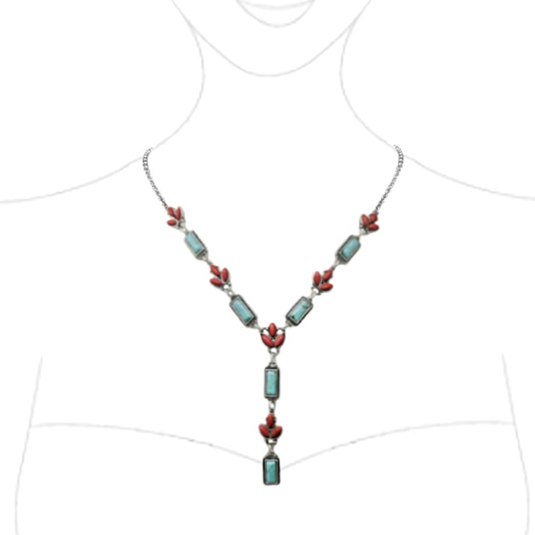 Western Y-Drop Necklace, Turquoise Howlite and Coral Red Stones, 18"+3" Extender, Silver