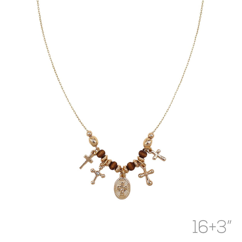 Rosemarie's Religious Gifts Gold Tone Cross Charm Necklace with Wooden Beads, 16 Inch Chain with 3 Inch Extender