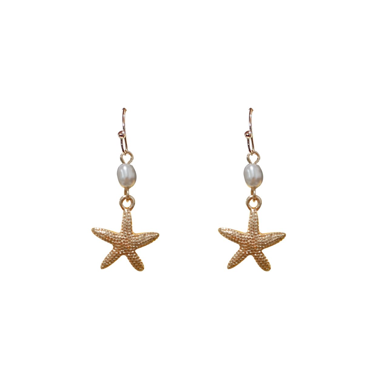 Gold Starfish Drop Earrings, 1 Inch Dangle, Beach Theme Jewelry with Pearl Accent