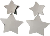 Chic Polished Silver Tone Metal Stars Dangle Clip On Style Earrings, 3.25"