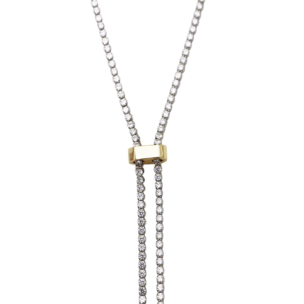 Two Tone Crystal Y-Drop Bolo Necklace, Silver Gold, Formal Evening Wear, Western Concert, 36 Inches