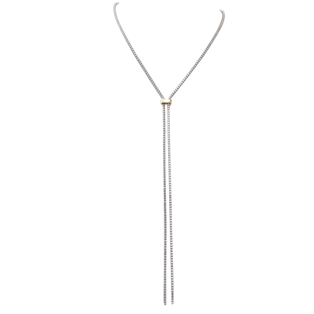 Two Tone Crystal Y-Drop Bolo Necklace, Silver Gold, Formal Evening Wear, Western Concert, 36 Inches