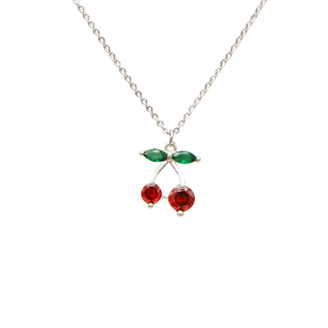 Cherry Pendant Necklace, Silver-Dipped Cubic Zirconia with Red Crystal Cherries, Green Crystal Leaves, Tarnish Resistant, 16 Inch With 2.5 Inch Extender