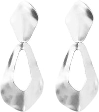 Women's Chic Textured Metal Teardrop Shaped Hoops Statement Clip On Earrings, 3.25" (Polished Silver Tone)