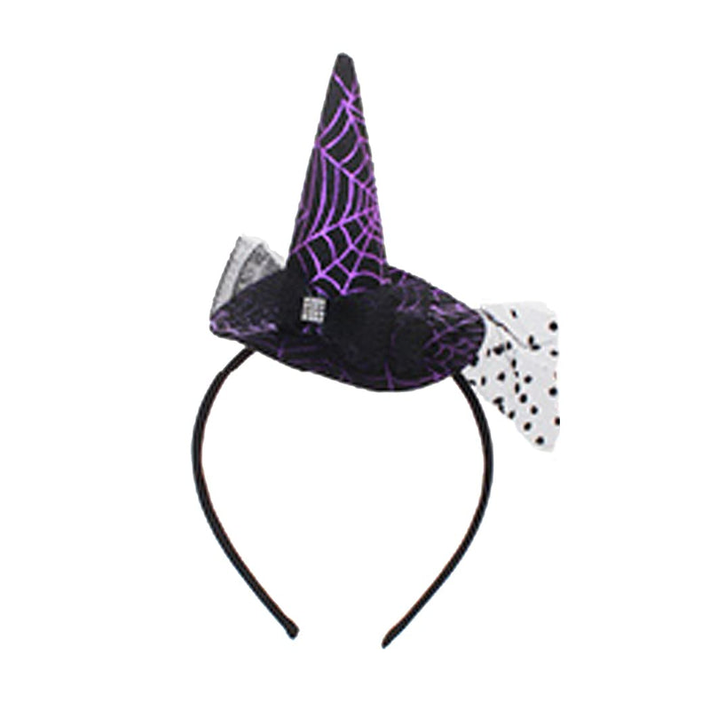 Women's Spooktacularly Fun Witches Hat Feathered Decorative Halloween Headband (Black With Purple Spiderwebs)