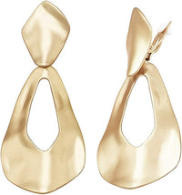 Women's Chic Textured Metal Teardrop Shaped Hoops Statement Clip On Earrings, 3.25" (Matte Gold Tone)