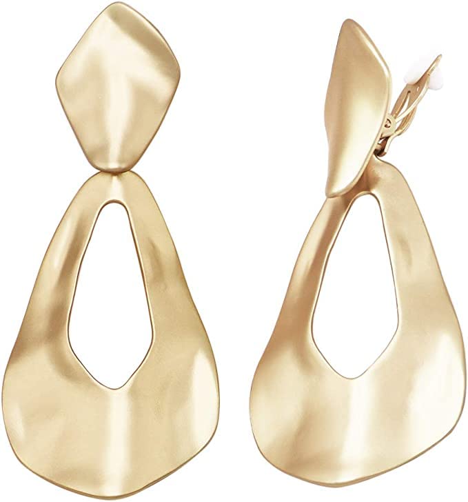 Women's Chic Textured Metal Teardrop Shaped Hoops Statement Clip On Earrings, 3.25" (Matte Gold Tone)