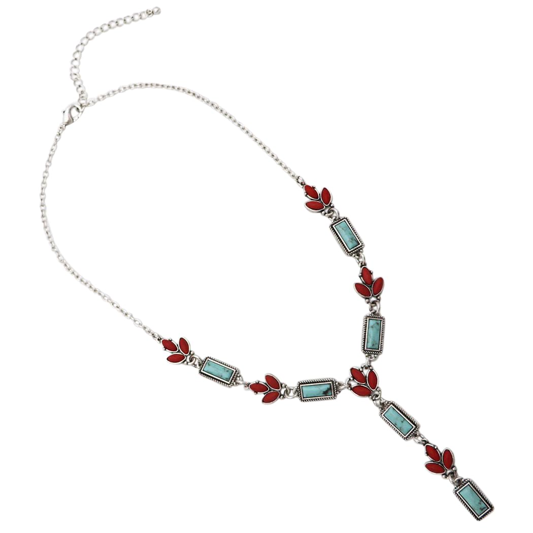 Western Y-Drop Necklace, Turquoise Howlite and Coral Red Stones, 18"+3" Extender, Silver