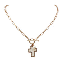 Natural Abalone Shell Cross Pendant with Crystal Edge Detail, Freshwater Pearl Charm, Gold Tone Paperclip Chain Necklace, Toggle Clasp, 18 Inch