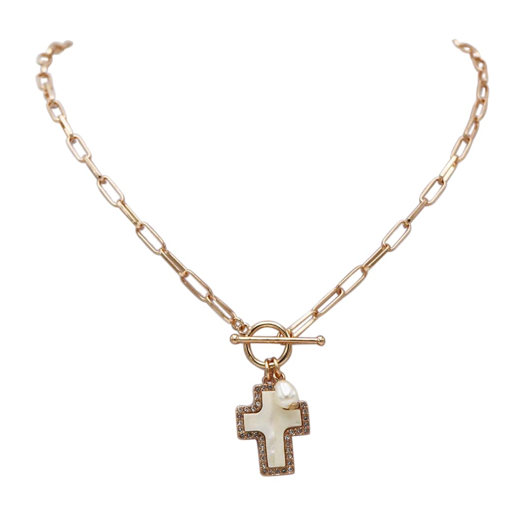 Natural Abalone Shell Cross Pendant with Crystal Edge Detail, Freshwater Pearl Charm, Gold Tone Paperclip Chain Necklace, Toggle Clasp, 18 Inch