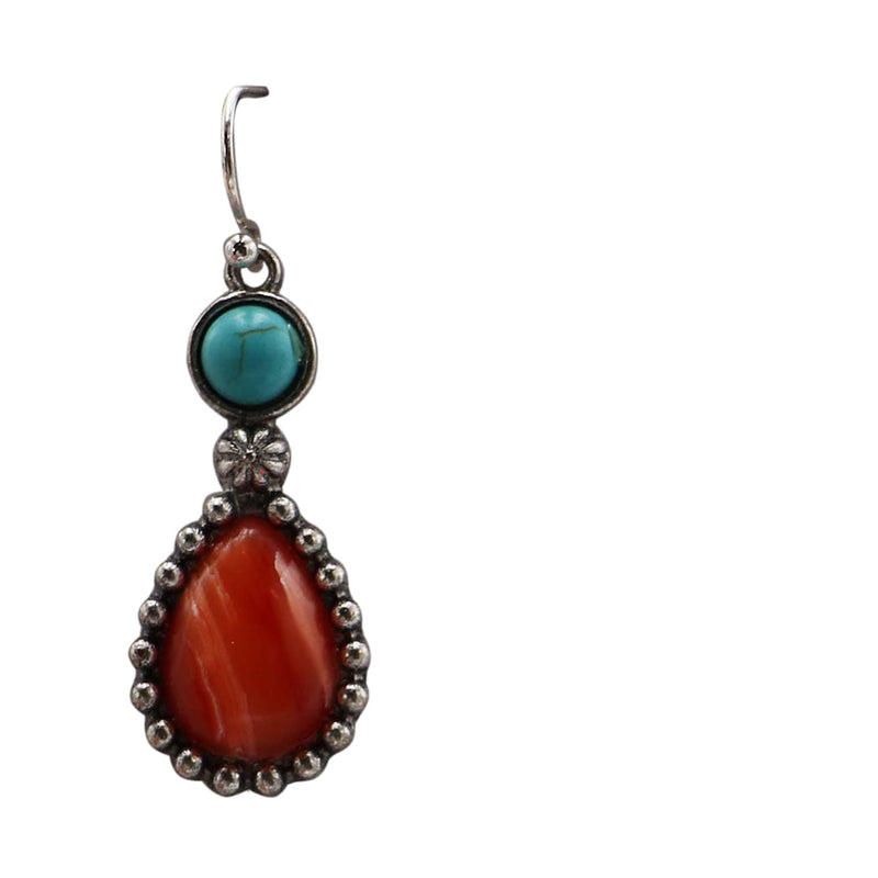 Women’s Cowgirl Chic Western Style Statement Simulated Banded Carnelian Turquoise Howlite Stone Concho Pendant Necklace Earrings Set, 18"+3" Extender