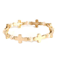 Rosemarie's Religious Gifts Women's Statement Matte Gold And Silver Tones Hammered Cross Charms Stretch Bangle Bracelet, 6.5" (Cross w Crystal 10mm)