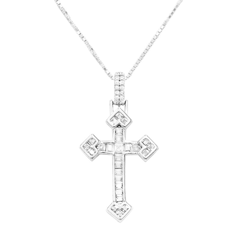 Rosemarie's Religious Gifts Women's Made In Italy Dainty Sterling Silver Box Chain With Adjustable Slide And Stunning Crystal Baguette Christian Cross Necklace Pendant, 22"