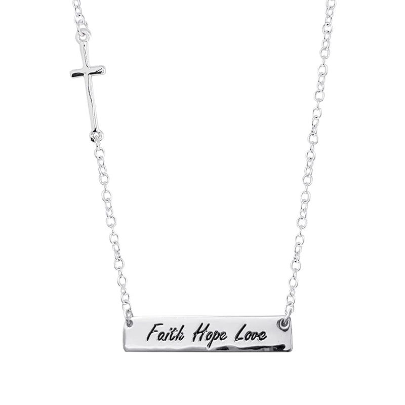 Rosemarie's Religious Gifts Women's Stunning Silver Tone Inspirational Faith Hope Love Bar Pendant Engraved Necklace, 18"+3" Extender