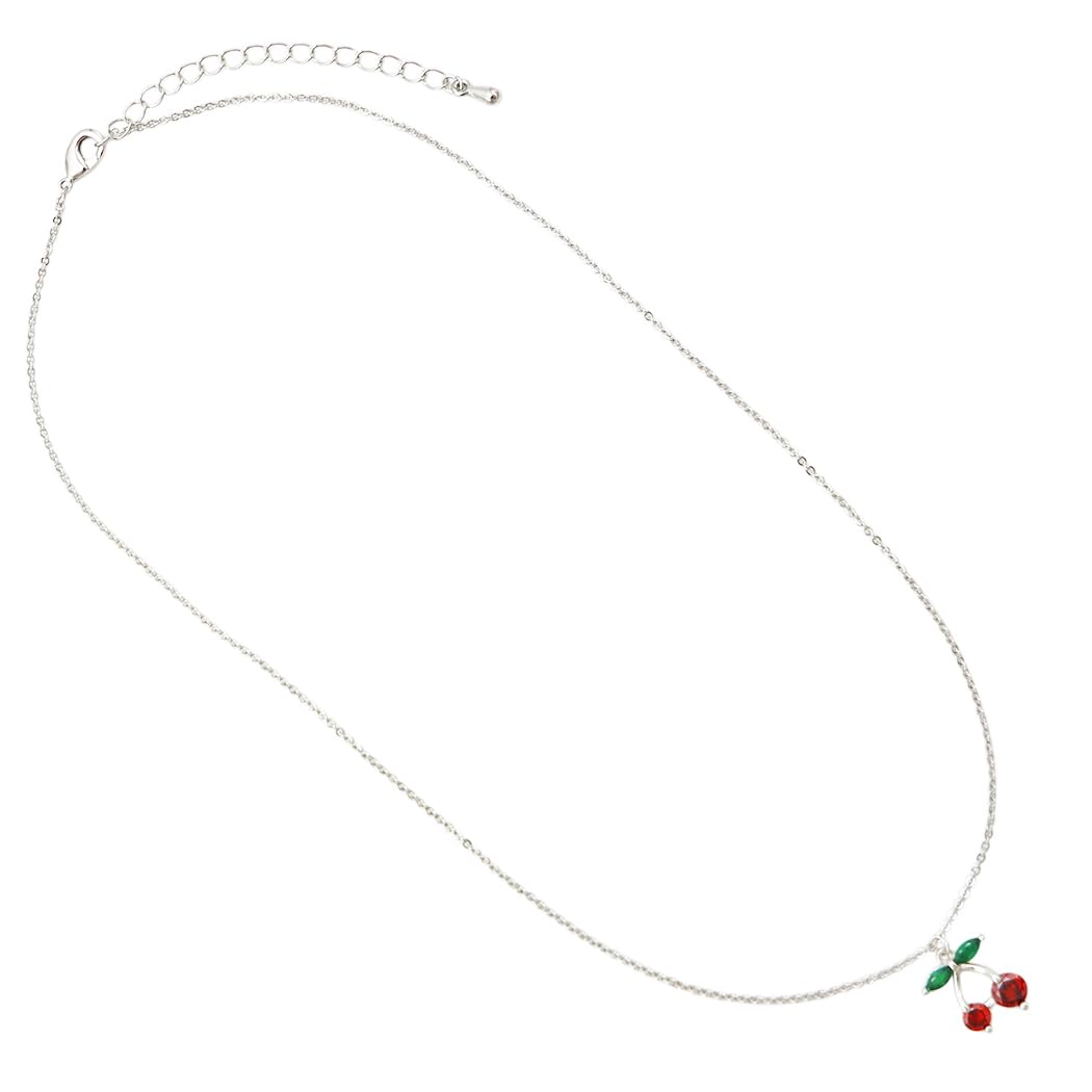 Cherry Pendant Necklace, Silver-Dipped Cubic Zirconia with Red Crystal Cherries, Green Crystal Leaves, Tarnish Resistant, 16 Inch With 2.5 Inch Extender