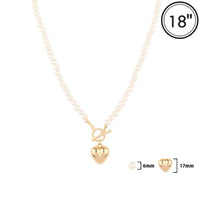 Stunning 18K Gold Dipped Puffy Heart Charm and Toggle Clasp With Faux Pearls Necklace, 18"