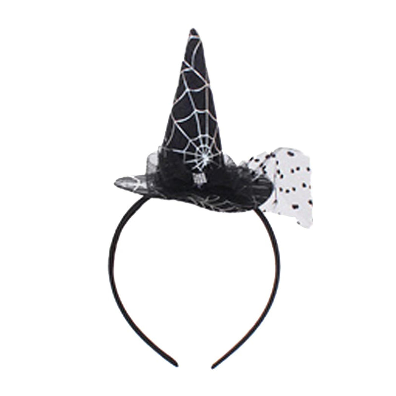 Women's Spooktacularly Fun Witches Hat Feathered Decorative Halloween Headband (Black With Silver Spiderwebs)