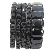 Stunning Statement Set Of 5 Colorful Crystal Rhinestone Stretch Bracelets, 6.75" (Jet Black Crystal Hematite Tone)