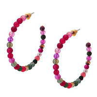 Colorful Natural Stone Bead Side Silhouette Hoops With Hypoallergenic Post Back Earrings, 45mm (Fuchsia Pink)