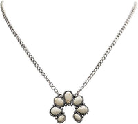 Western Style Squash Blossom Necklace, White Howlite Stone Pendant with Silver Alloy Chain, 16 Inch with 3 Inch Extender (Silver Burnished Natural Cream Tone)