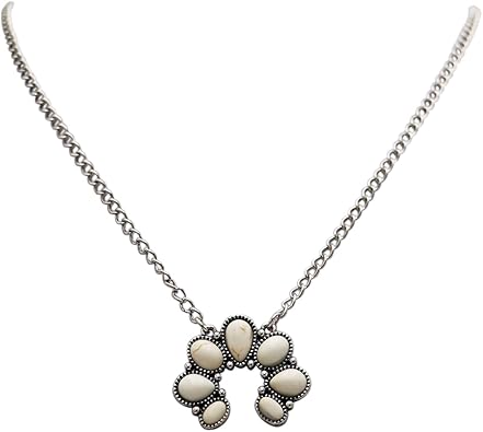 Western Style Squash Blossom Necklace, White Howlite Stone Pendant with Silver Alloy Chain, 16 Inch with 3 Inch Extender (Silver Burnished Natural Cream Tone)