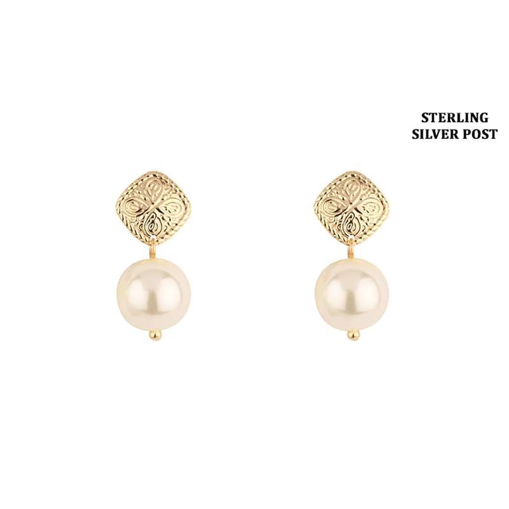 Chic 18k Gold Dipped Classic Earrings with Sterling Silver Posts (Pearl Dangle 1")