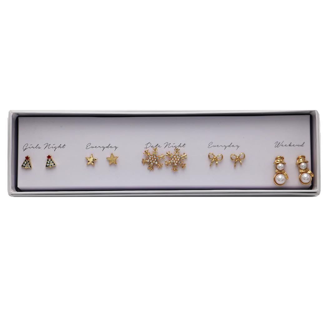 Gold Plated Stud Earrings Set, 5 Pairs, Whimsical Daily Designs for Girls Night, Date Night, Weekend, Everyday Wear (Holiday 5 pairs)