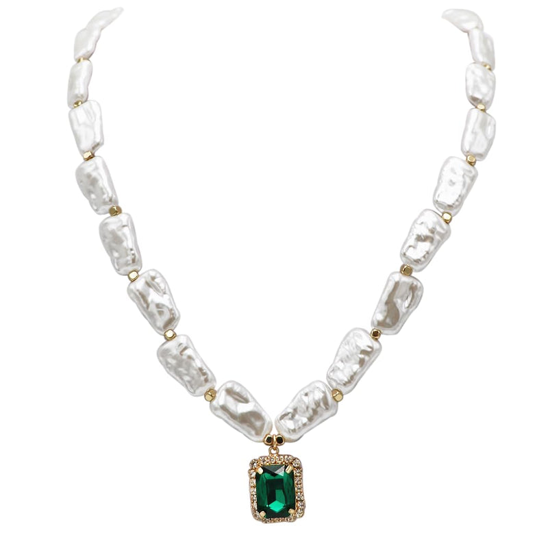 Stunning Green Emerald Cut Crystal Charm On Statement Faux Pearl Strand Holiday Jewelry (Pendant Necklace, 16"+3" Extender)