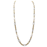 Two-Tone Link Chain Long Necklace, Gold and Silver with Pearl Accents, Toggle Clasp, 36"