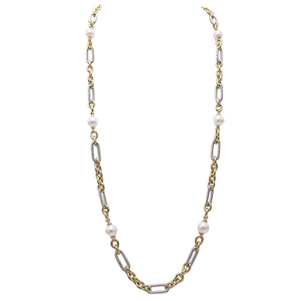 Two-Tone Link Chain Long Necklace, Gold and Silver with Pearl Accents, Toggle Clasp, 36"