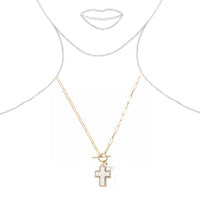 Natural Abalone Shell Cross Pendant with Crystal Edge Detail, Freshwater Pearl Charm, Gold Tone Paperclip Chain Necklace, Toggle Clasp, 18 Inch