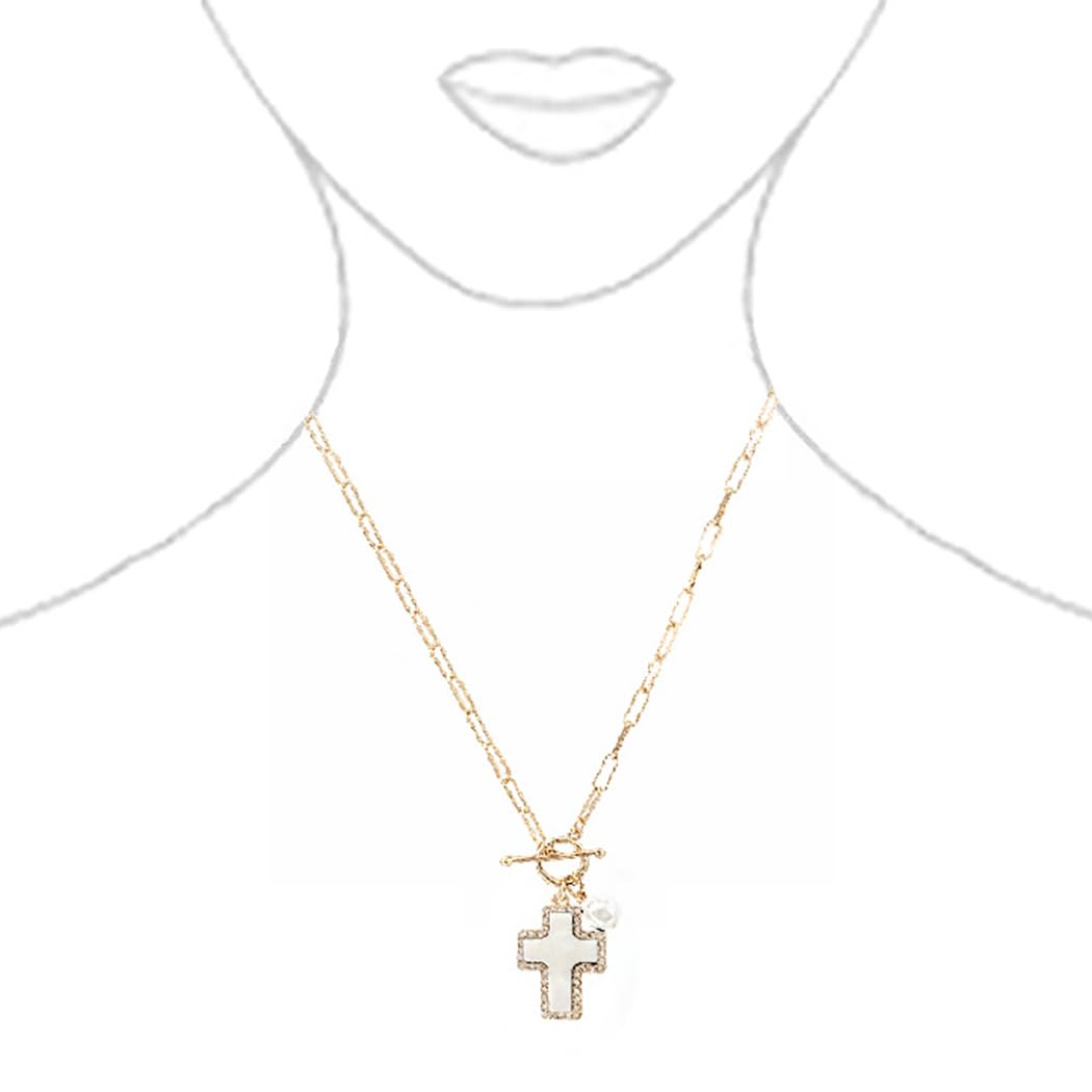 Natural Abalone Shell Cross Pendant with Crystal Edge Detail, Freshwater Pearl Charm, Gold Tone Paperclip Chain Necklace, Toggle Clasp, 18 Inch